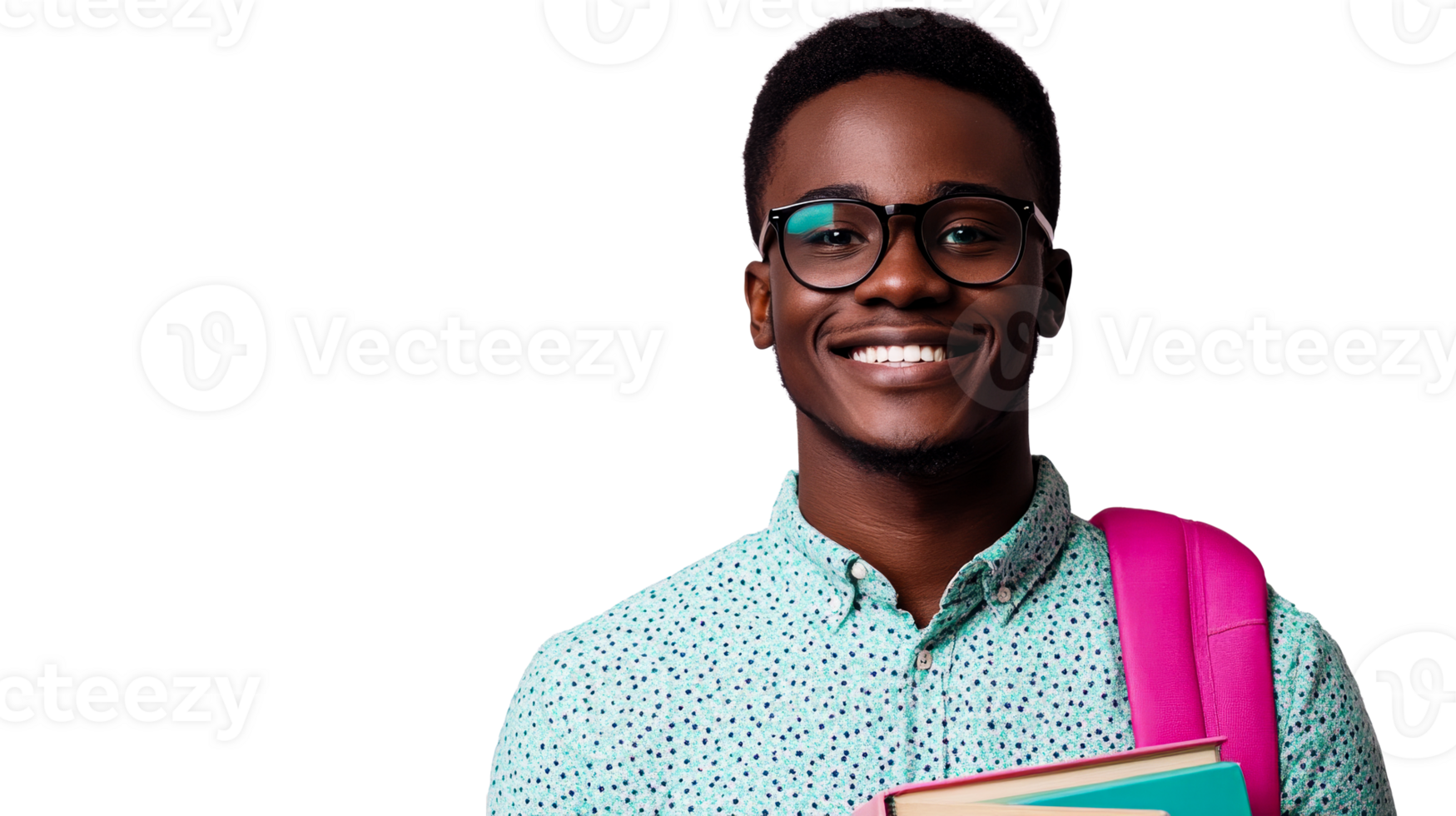 Smiling student with books and backpack ready for school, cut out transparent png