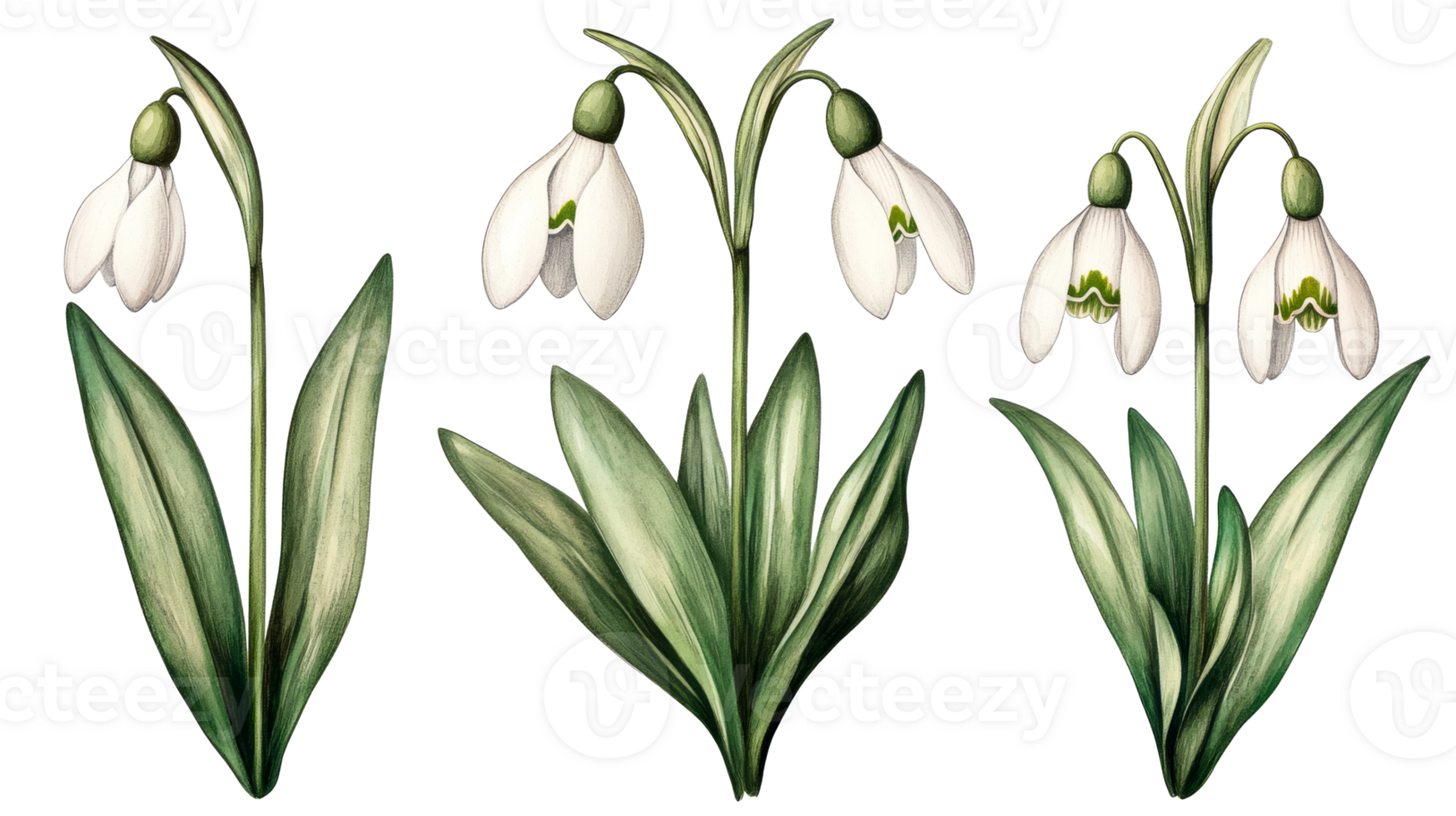 Delicate Snowdrops Flowers on Black Background, cut out transparent png