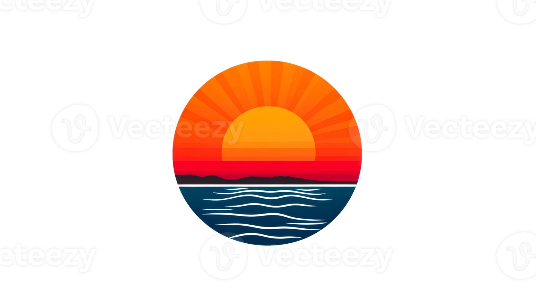Sunset over ocean, red sky and sun rays, water waves, cut out transparent png