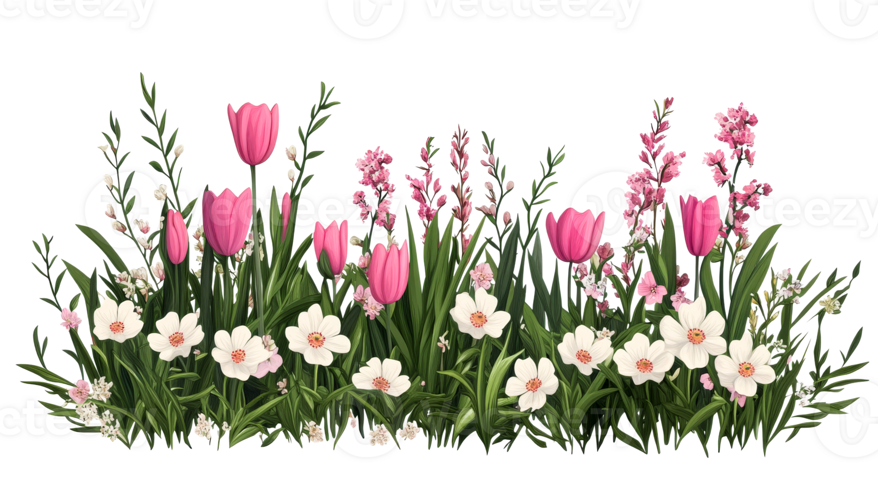 Lush Flowerbed Border with Tulips and White Blossoms, cut out transparent png