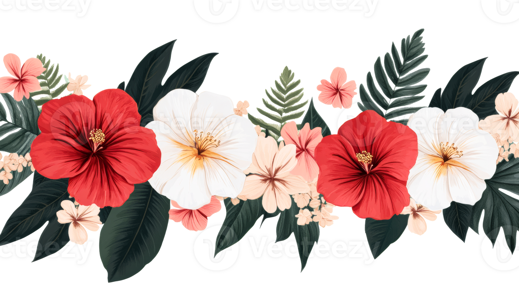 Tropical floral arrangement with hibiscus and ferns, cut out transparent png