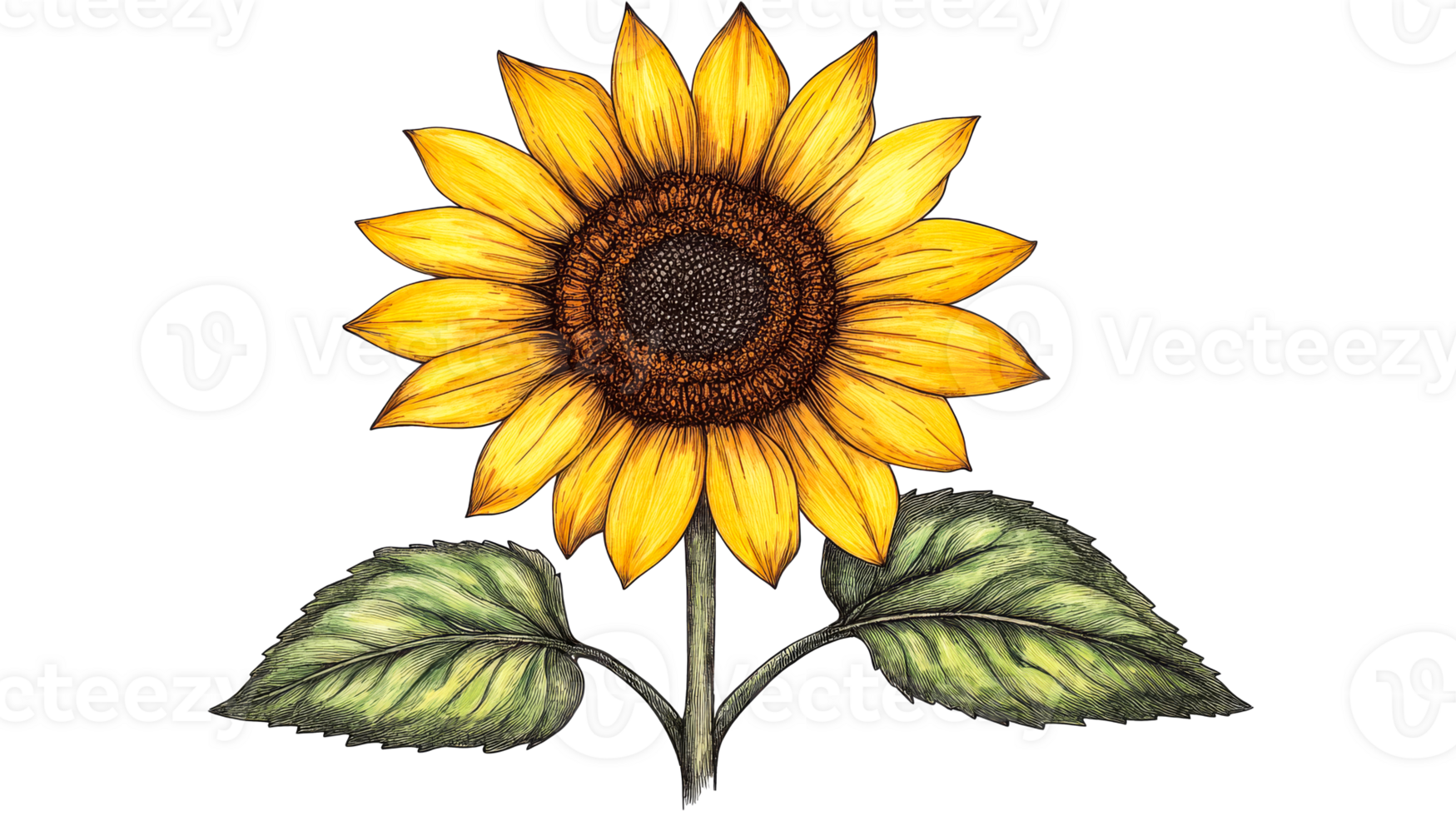Sunflower in Full Bloom with Detailed Petals and Leaves, cut out transparent png