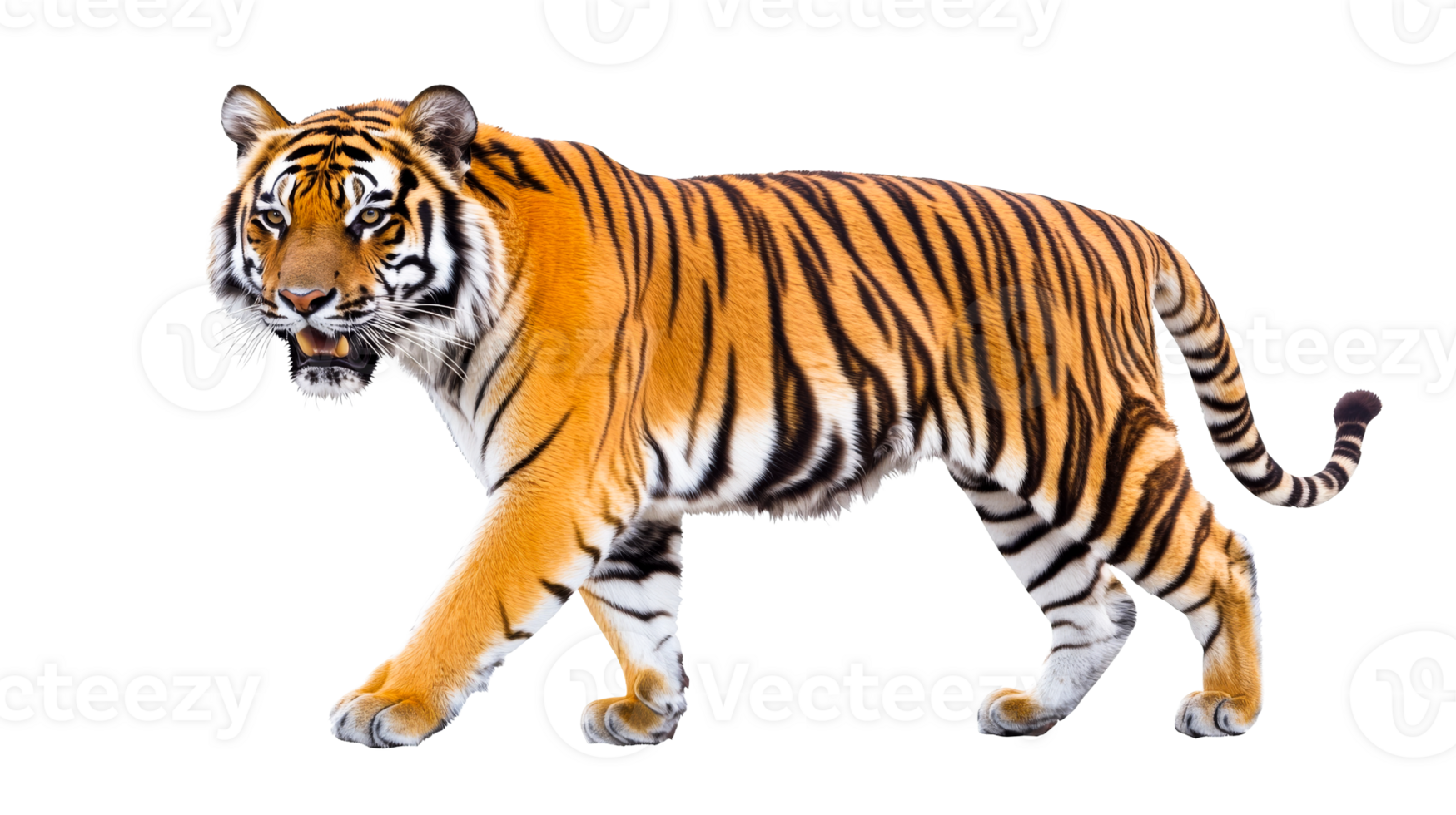 Tiger walking majestically, wildlife photography, predator feline, cut out transparent png