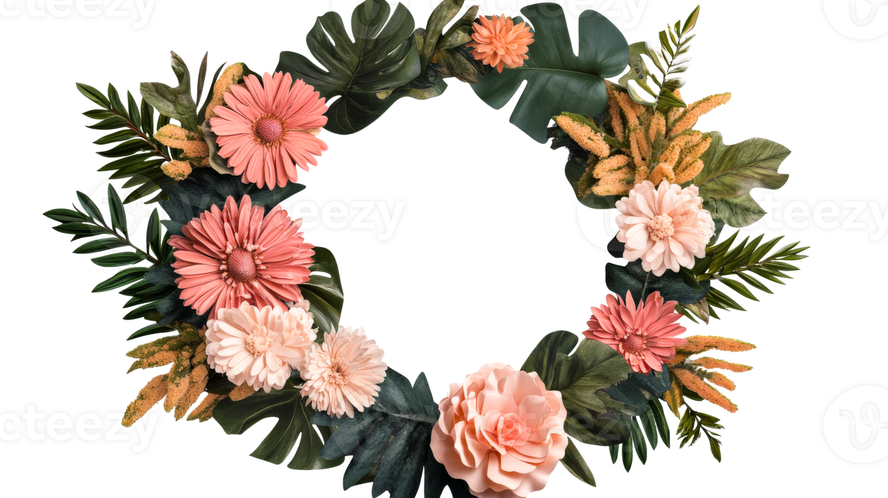 Floral Wreath with Lush Foliage and Peach Flowers, cut out transparent png