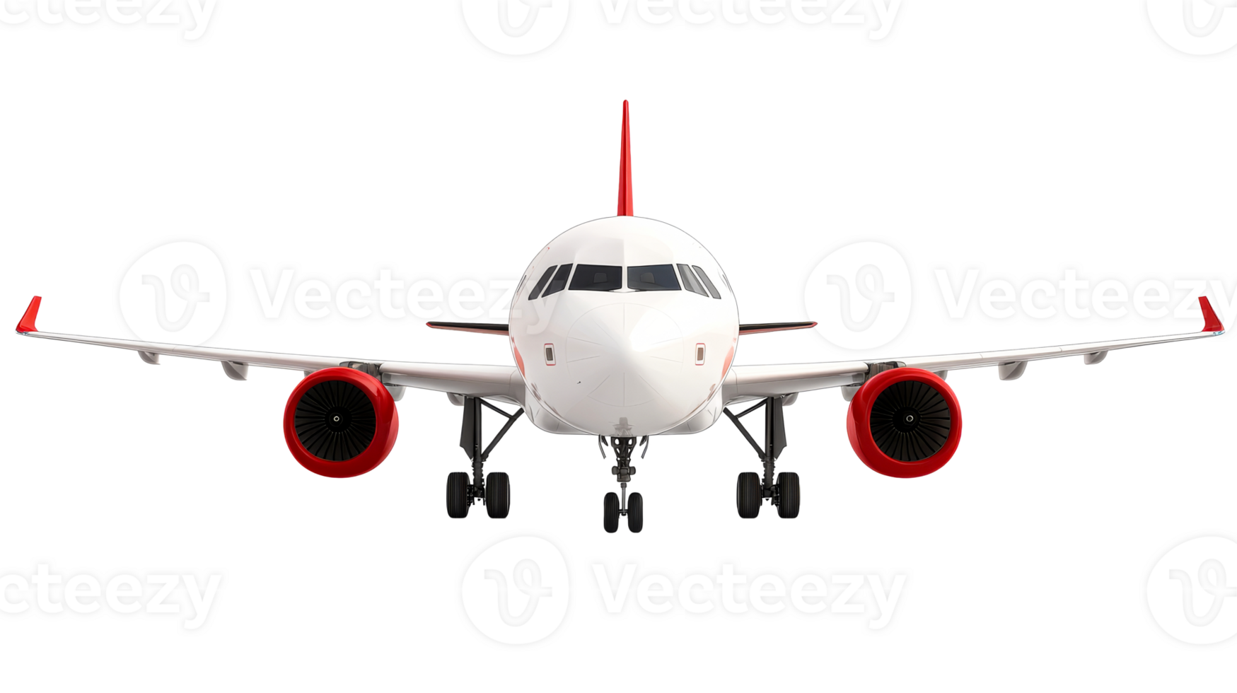 Modern airliner front view, white and red design, cut out transparent png