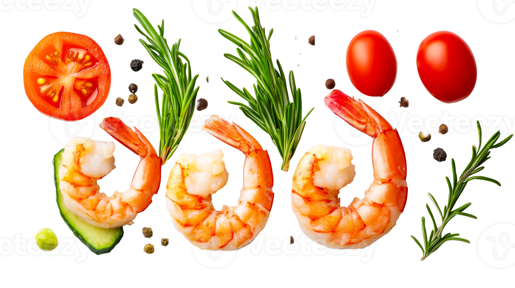 Shrimp, Tomatoes, Rosemary, Black Pepper Composition, Cut Out Transparent png