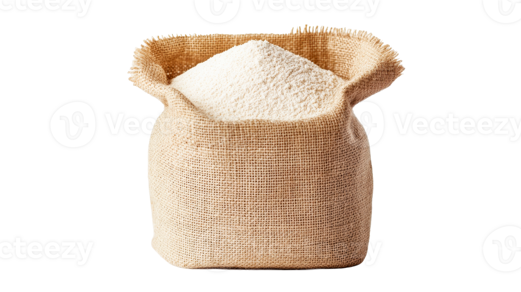 Burlap sack full of white flour, rustic presentation, cut out transparent png