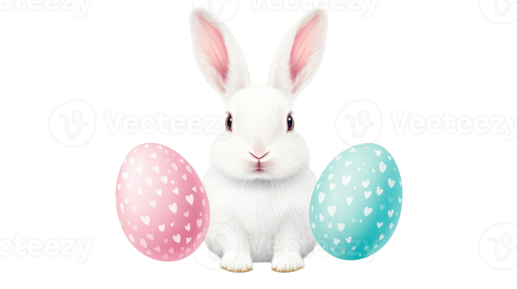 Easter bunny with eggs art, pink, blue colors, cute holiday decor, cut out transparent png