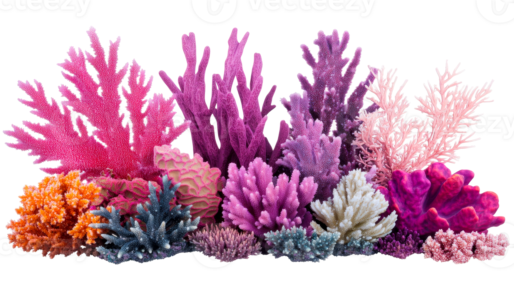 Diverse coral reef composition, vibrant colors, underwater wildlife, cut out transparent png