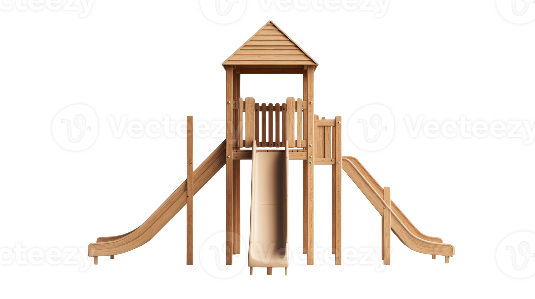 Wooden playground set with slides and tower, cut out transparent png
