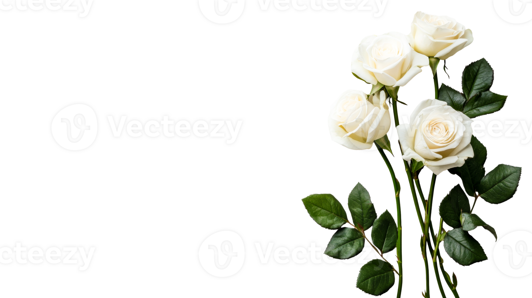 Delicate white roses in full bloom on black backdrop, cut out transparent png