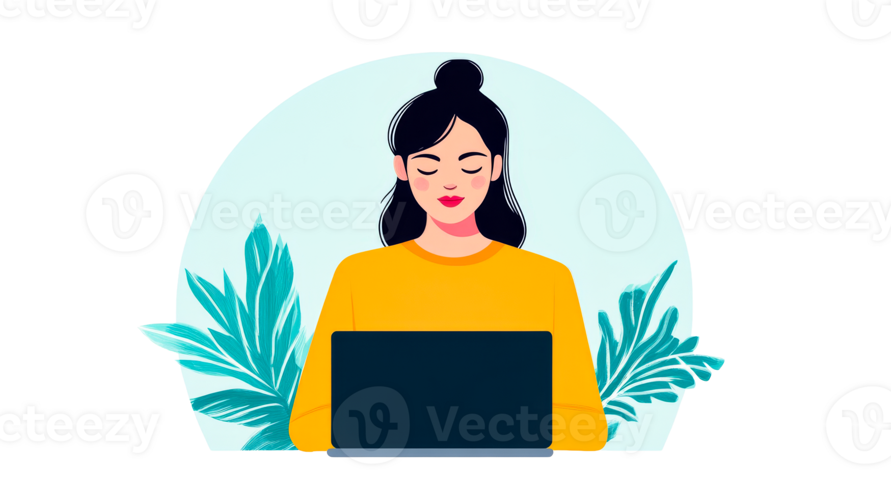 Asian woman in meditation works at laptop, serene ambiance, cut out transparent png