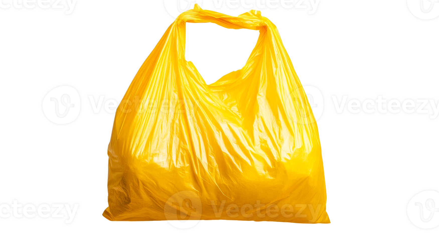 Vibrant yellow trash bag on a black backdrop, full, tied , cut out transparent png