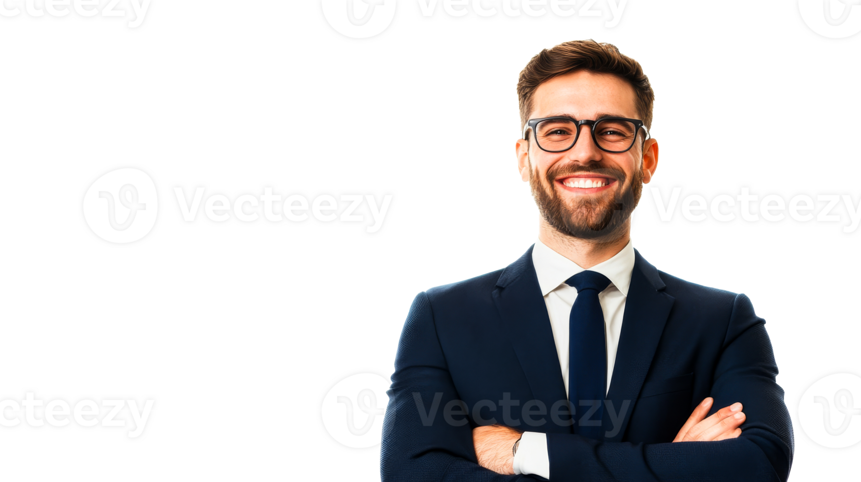Smiling businessman with crossed arms in suit, cut out transparent png
