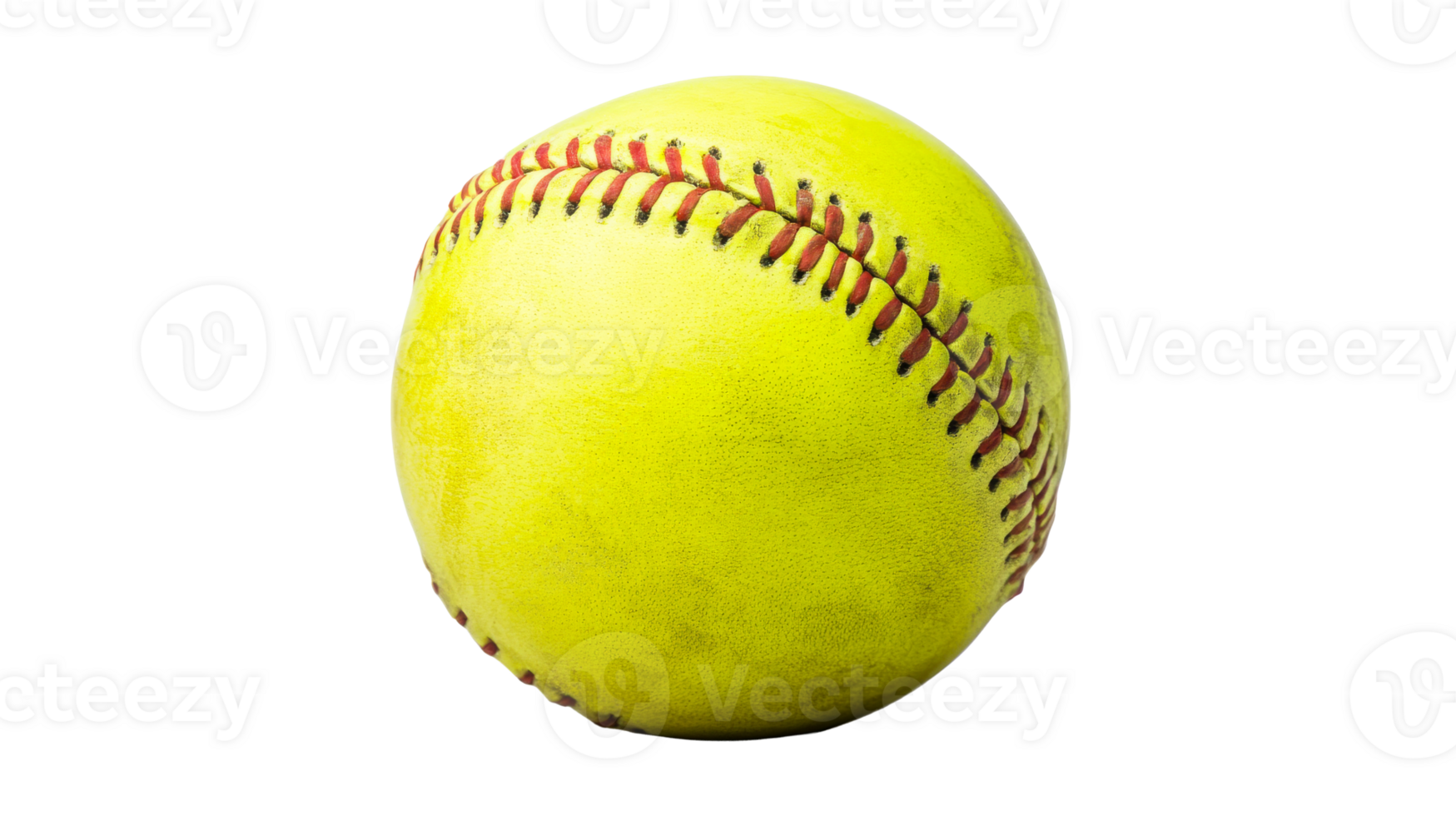 Bright yellow softball with distinct red stitching , cut out transparent png