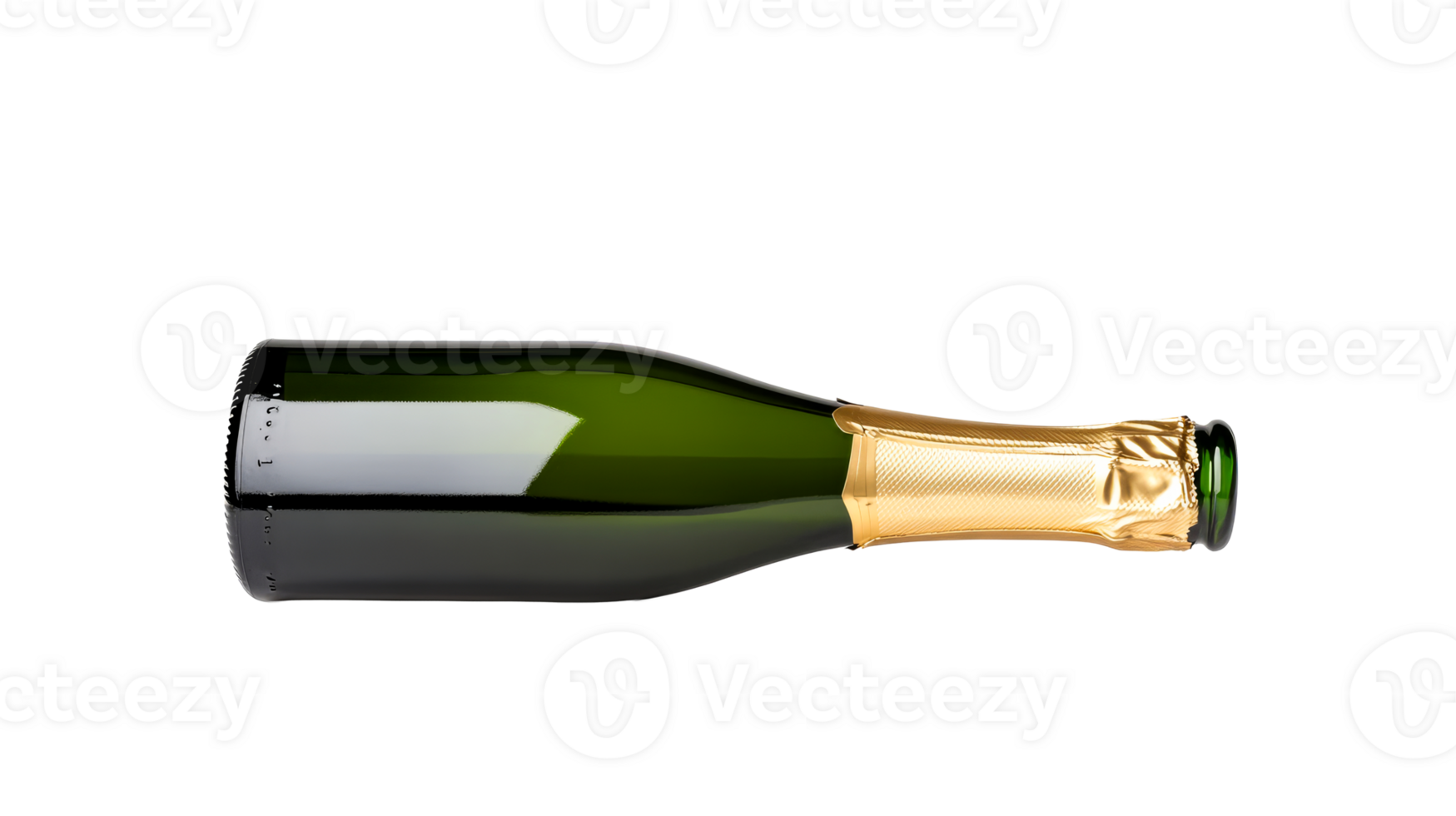 Horizontal laydown of dark green sparkling wine bottle, cut out transparent png