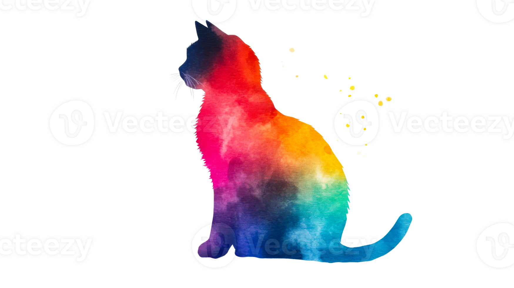 Watercolor cat silhouette with rainbow colors, feline pet isolated, cut out transparent png