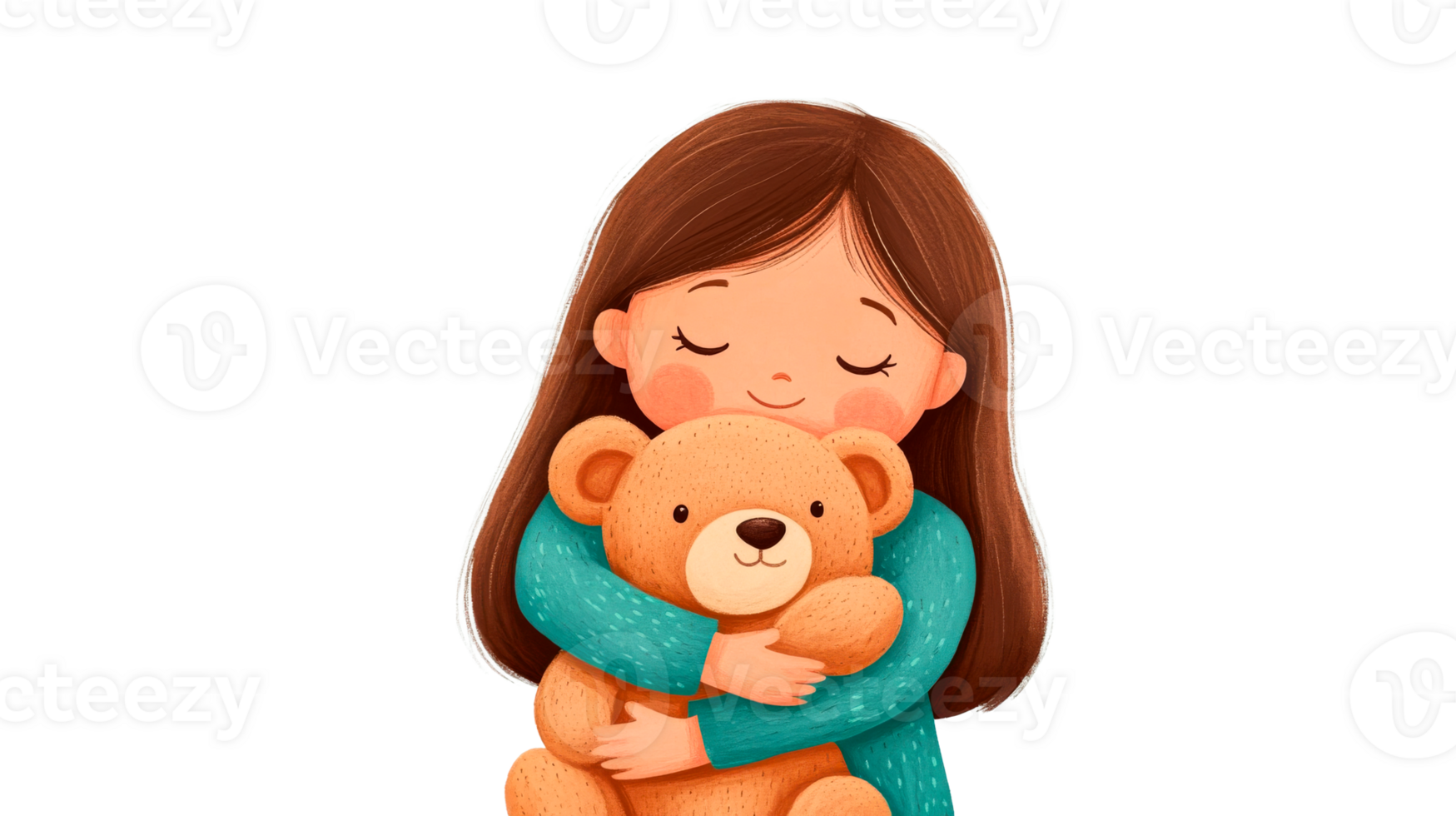 Girl hugs teddy bear, closed eyes, smiling, brown hair, cut out transparent png