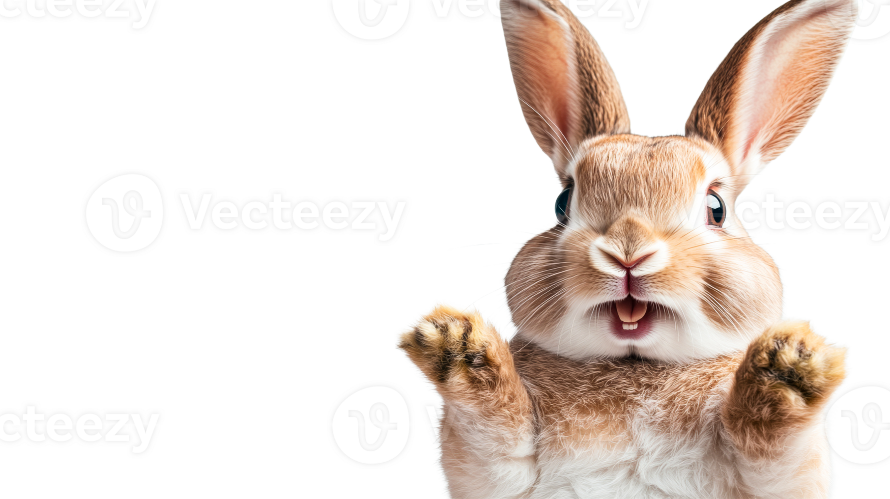 Surprised rabbit with paws up on a black background, cut out transparent png