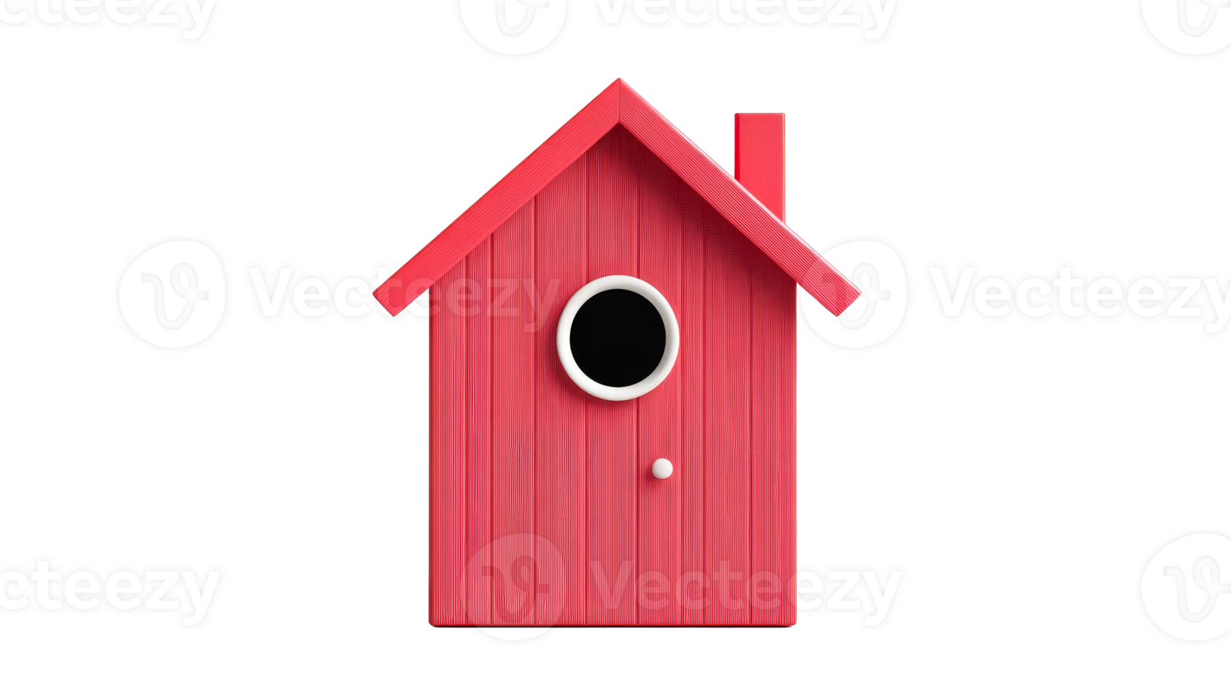 Red wooden birdhouse with round entrance, small chimney, cut out transparent png