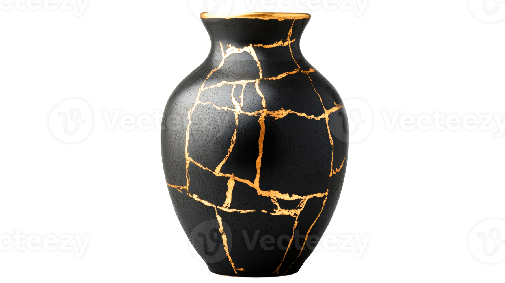 Kintsugi vase in black with gold cracks, art concept, repaired pottery, cut out transparent png