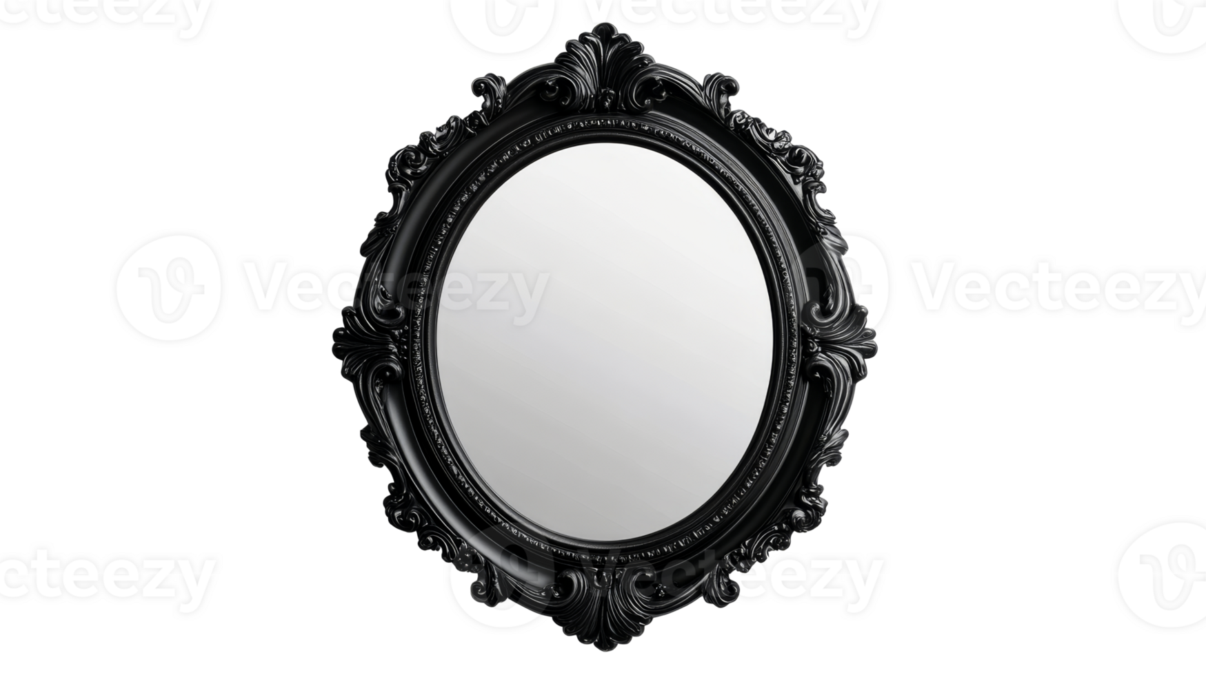 Ornate black oval mirror with intricate frame, cut out transparent png
