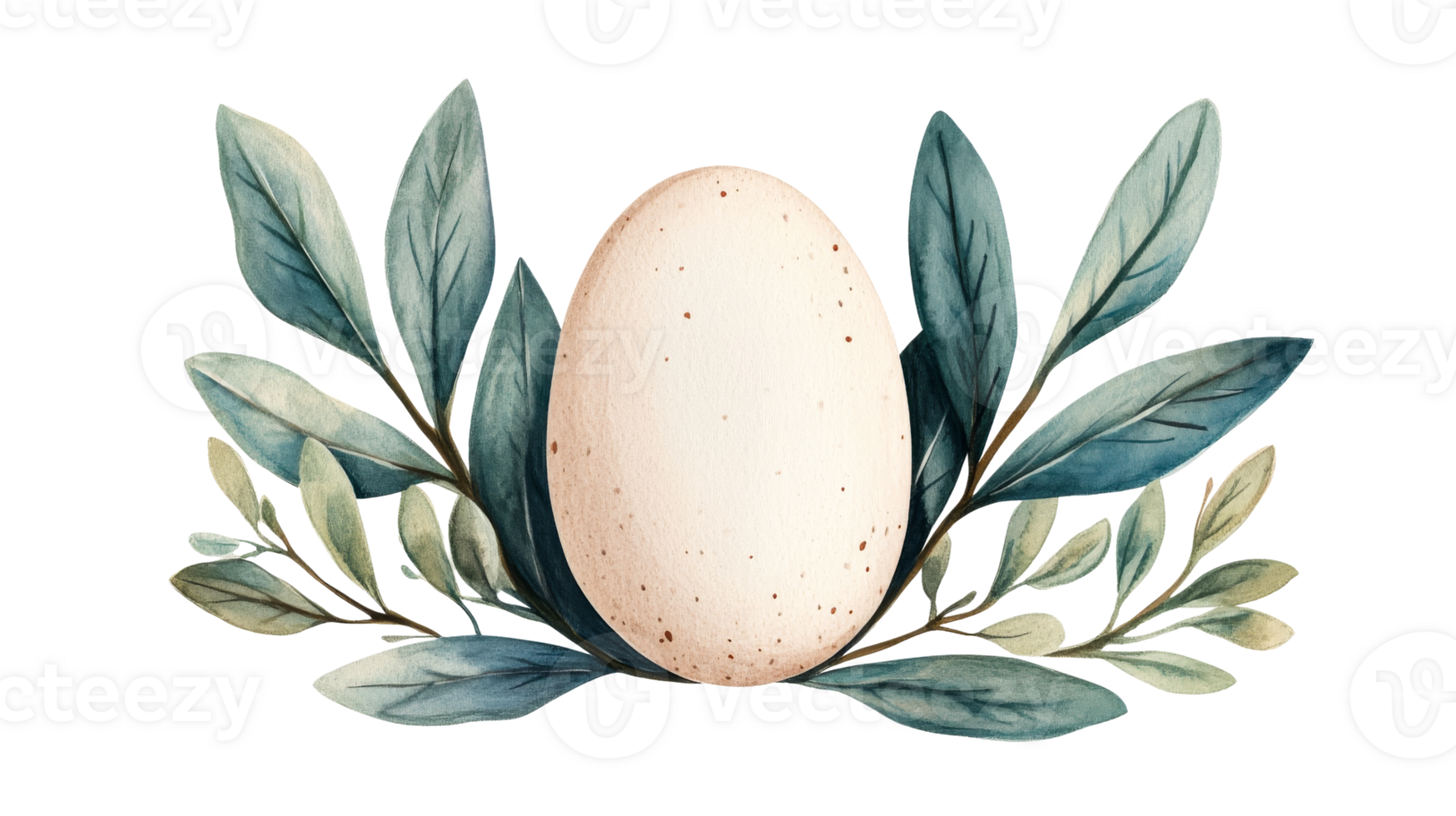 Easter egg with olive branches, watercolor art, spring holiday decor, cut out transparent png