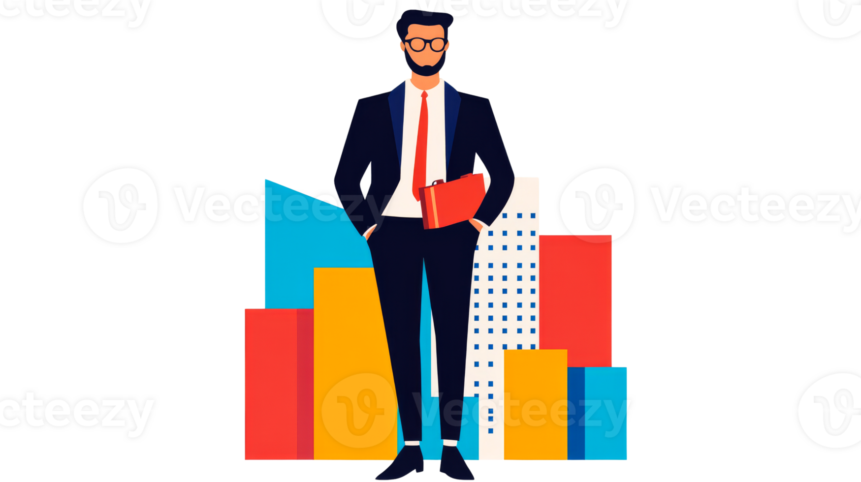 Businessman with briefcase standing against abstract city, cut out transparent png