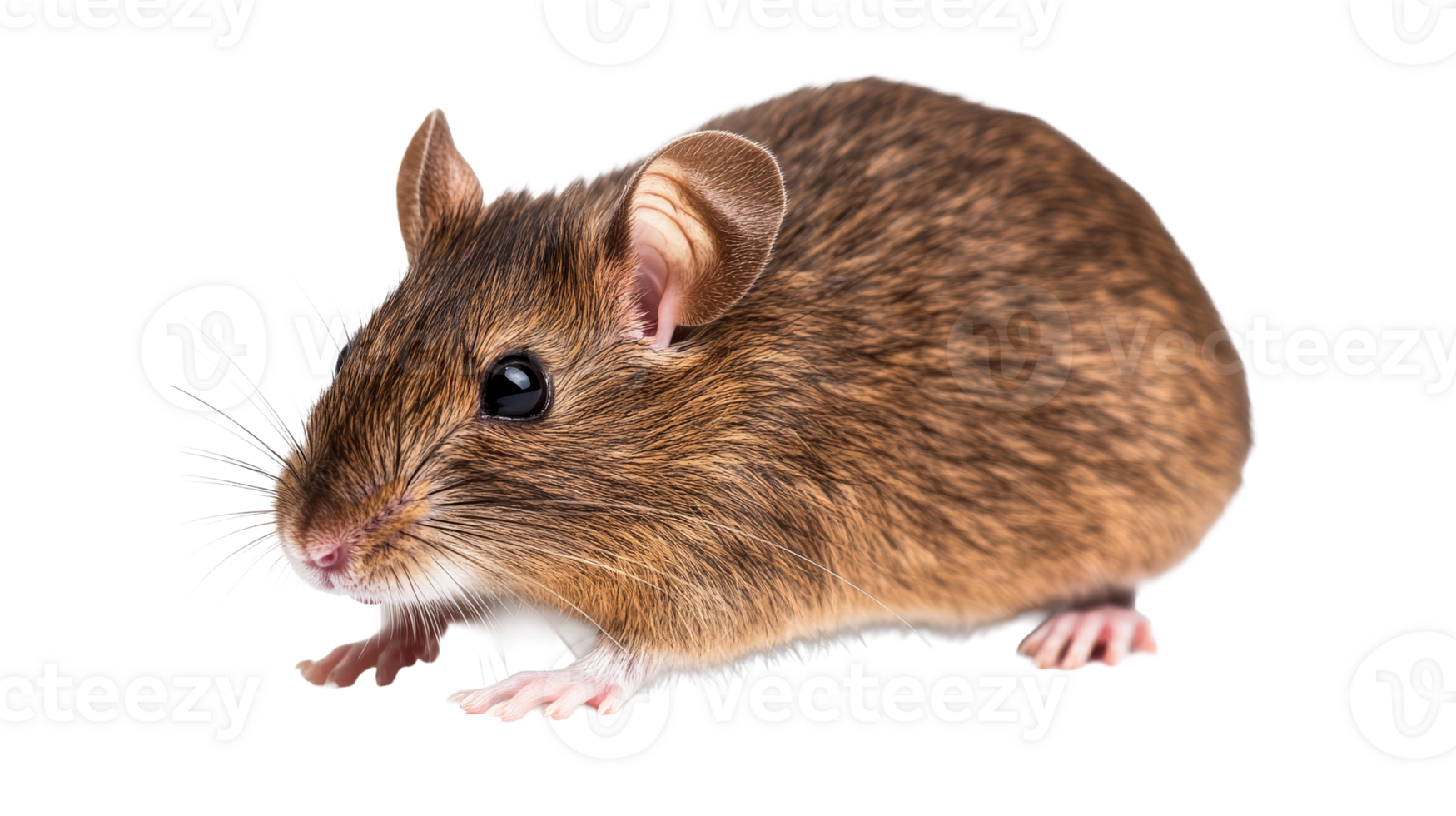 Brown field mouse portrait on black background, cut out transparent png