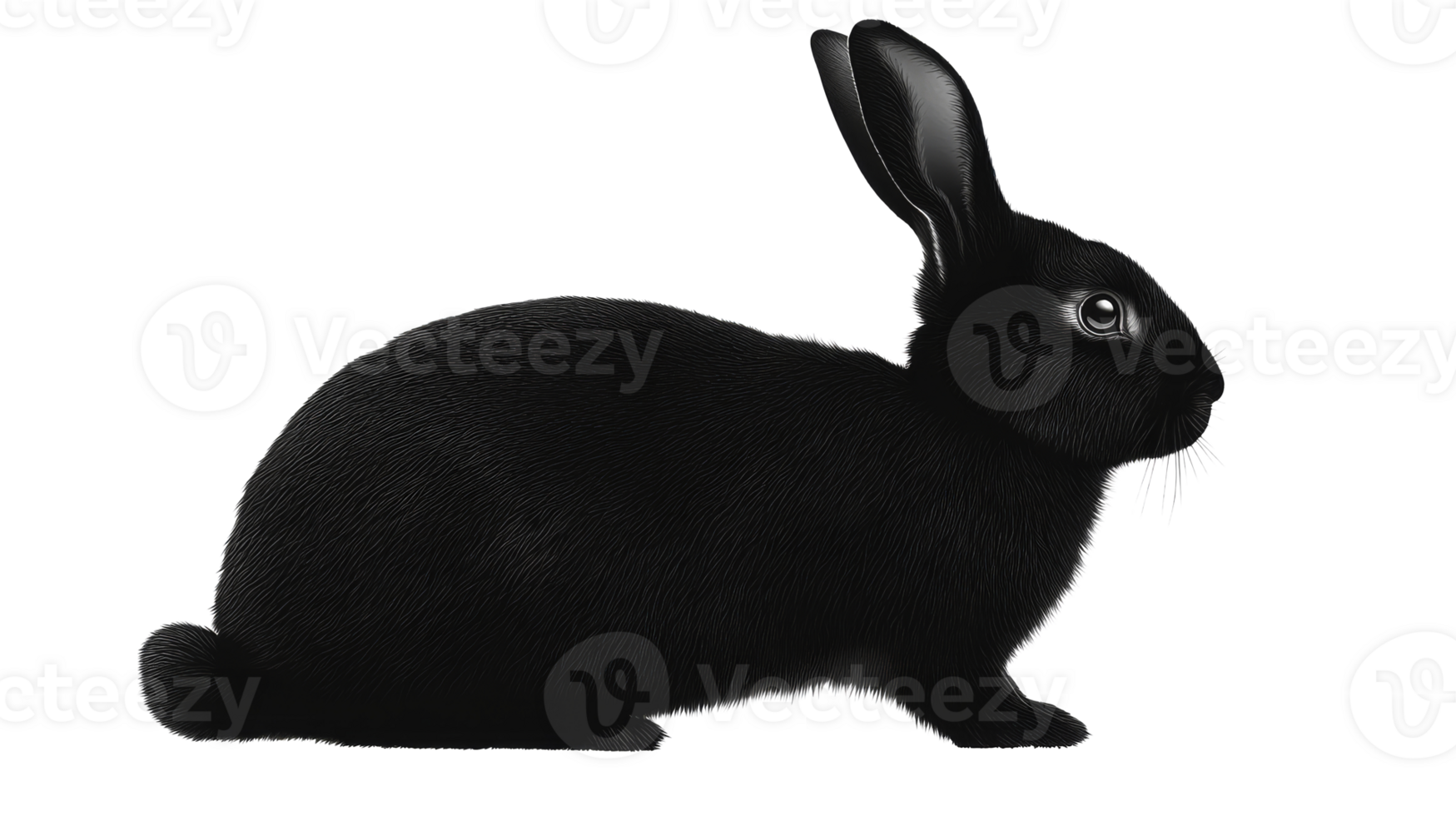 Black rabbit illustration against black background, cut out transparent png
