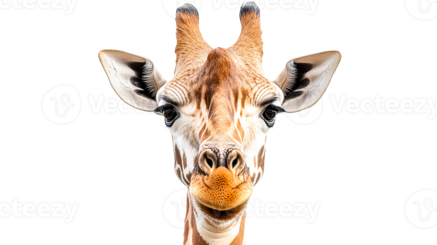 Giraffe face portrait on black background, African mammal, cut out transparent png