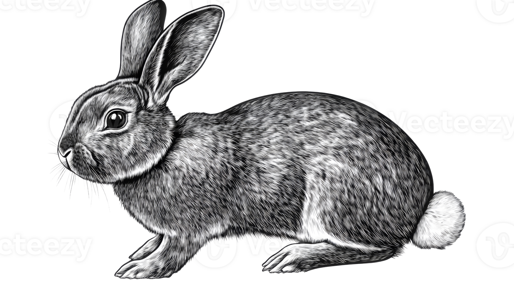 Engraving of a charming rabbit in a realistic detailed style, cut out transparent png