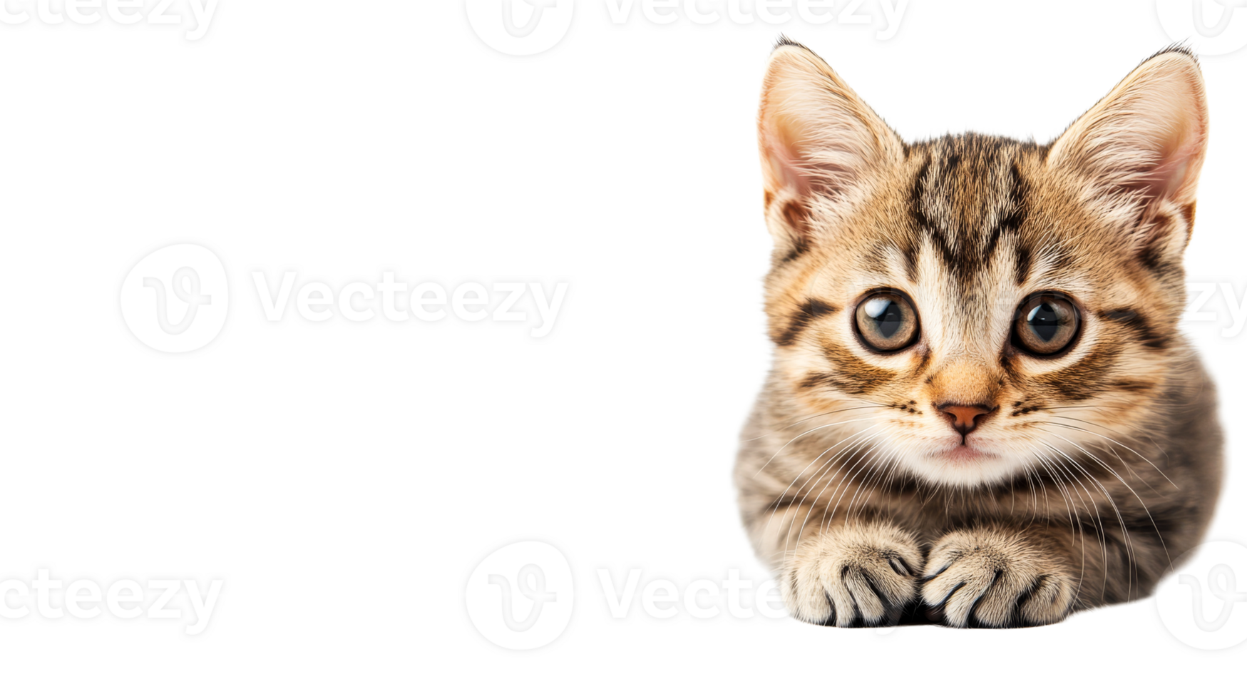 Adorable tabby kitten with big eyes portrait looking ahead, cut out transparent png