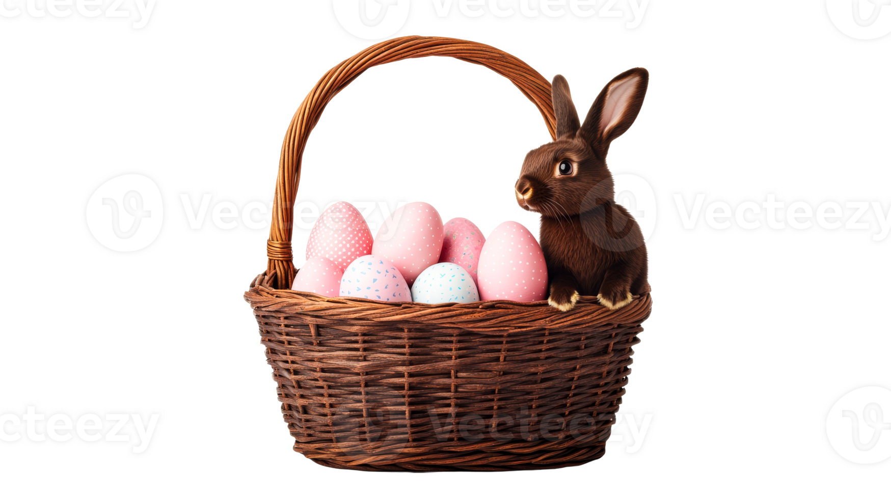 Bunny in Easter basket with eggs, brown color, isolated, cut out transparent png