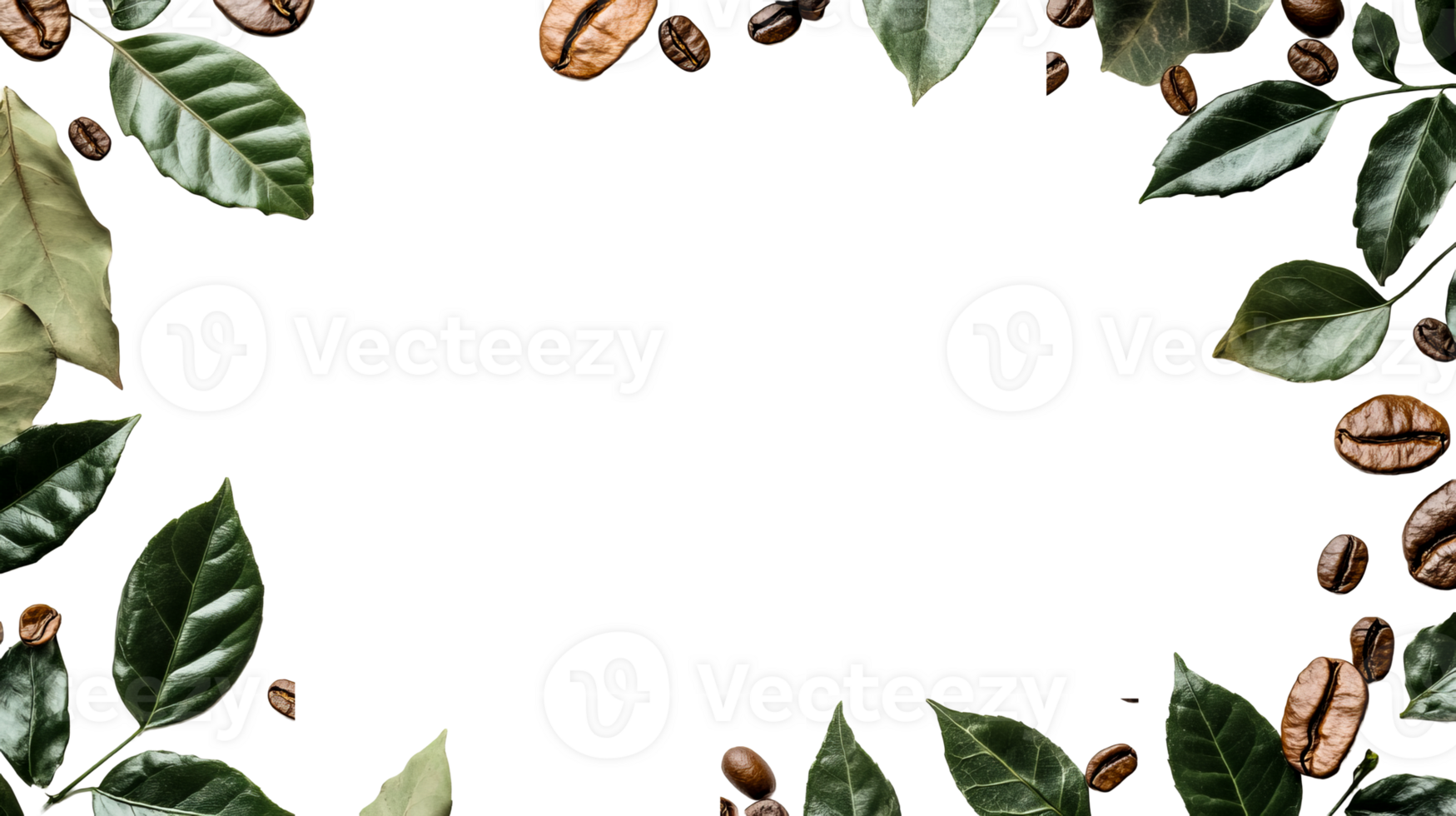 Coffee beans and leaves border on black background, cut out transparent png