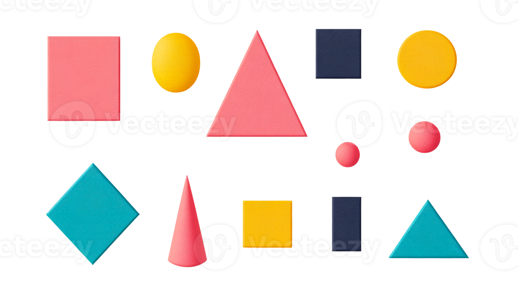 Various textured geometric shapes, bright color schemes, black backdrop, cut out transparent png