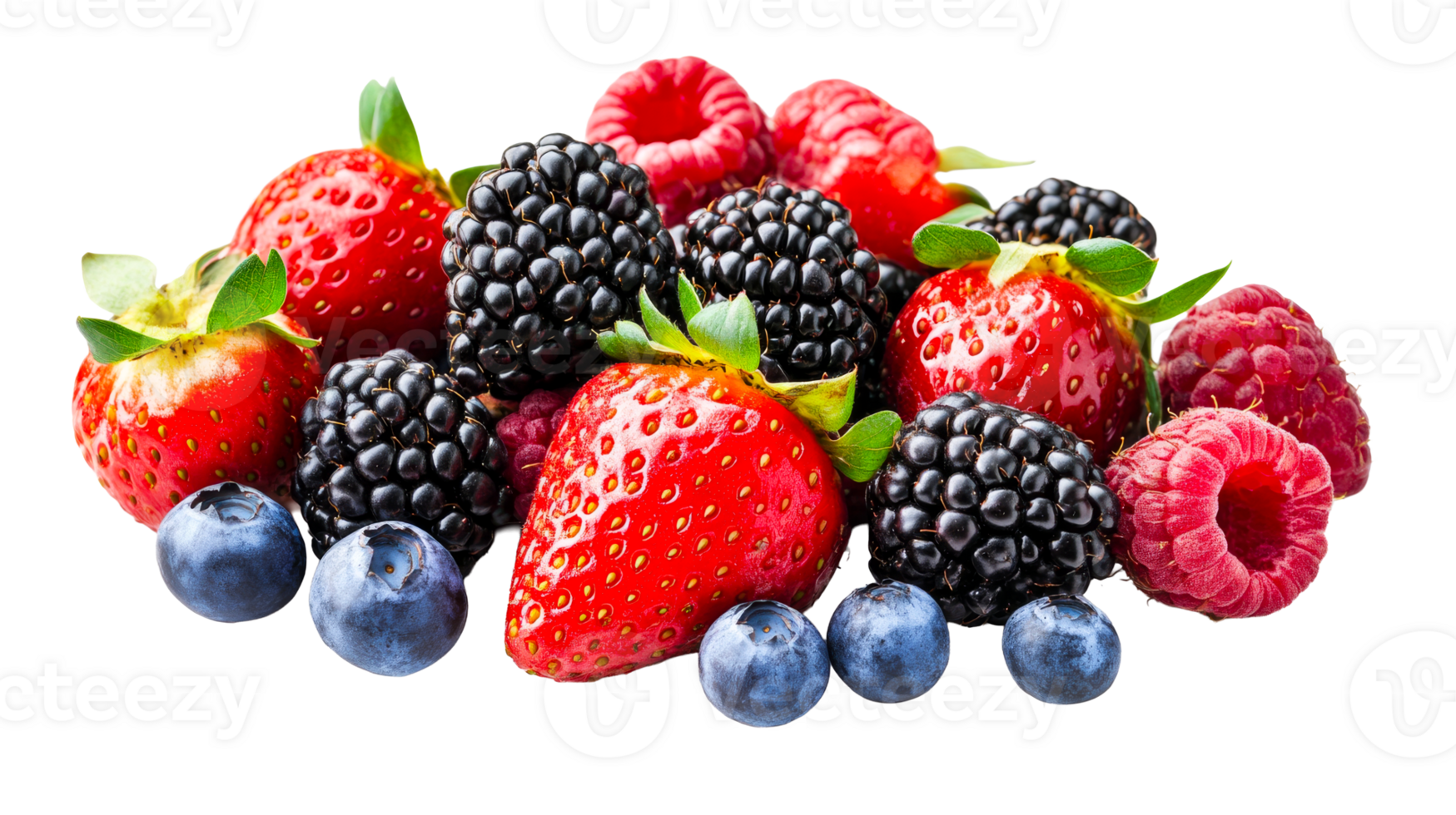 Assorted strawberries, raspberries, blackberries, blueberries, cut out transparent png