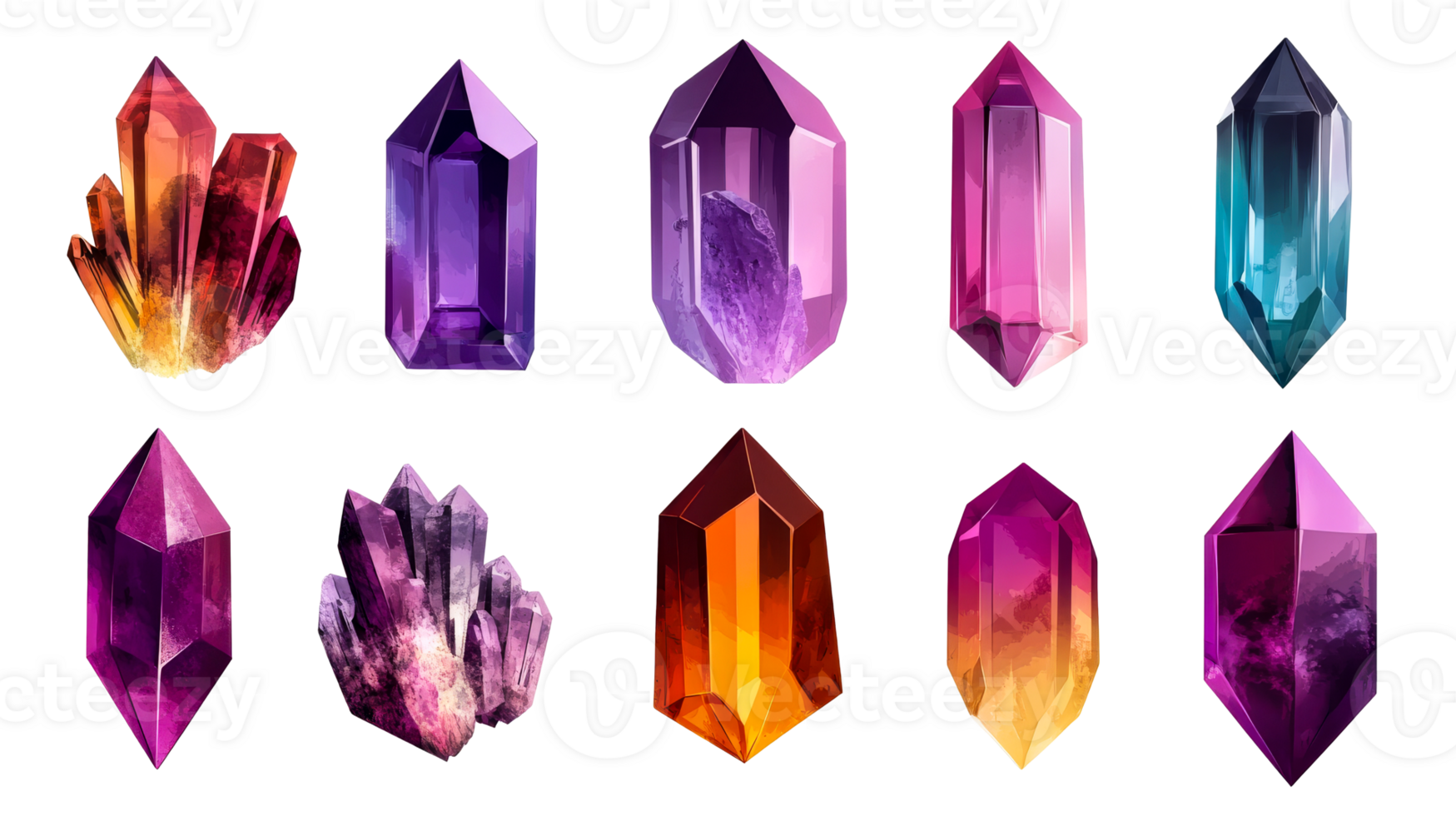 Assorted colorful crystals on black background, cut out transparent png