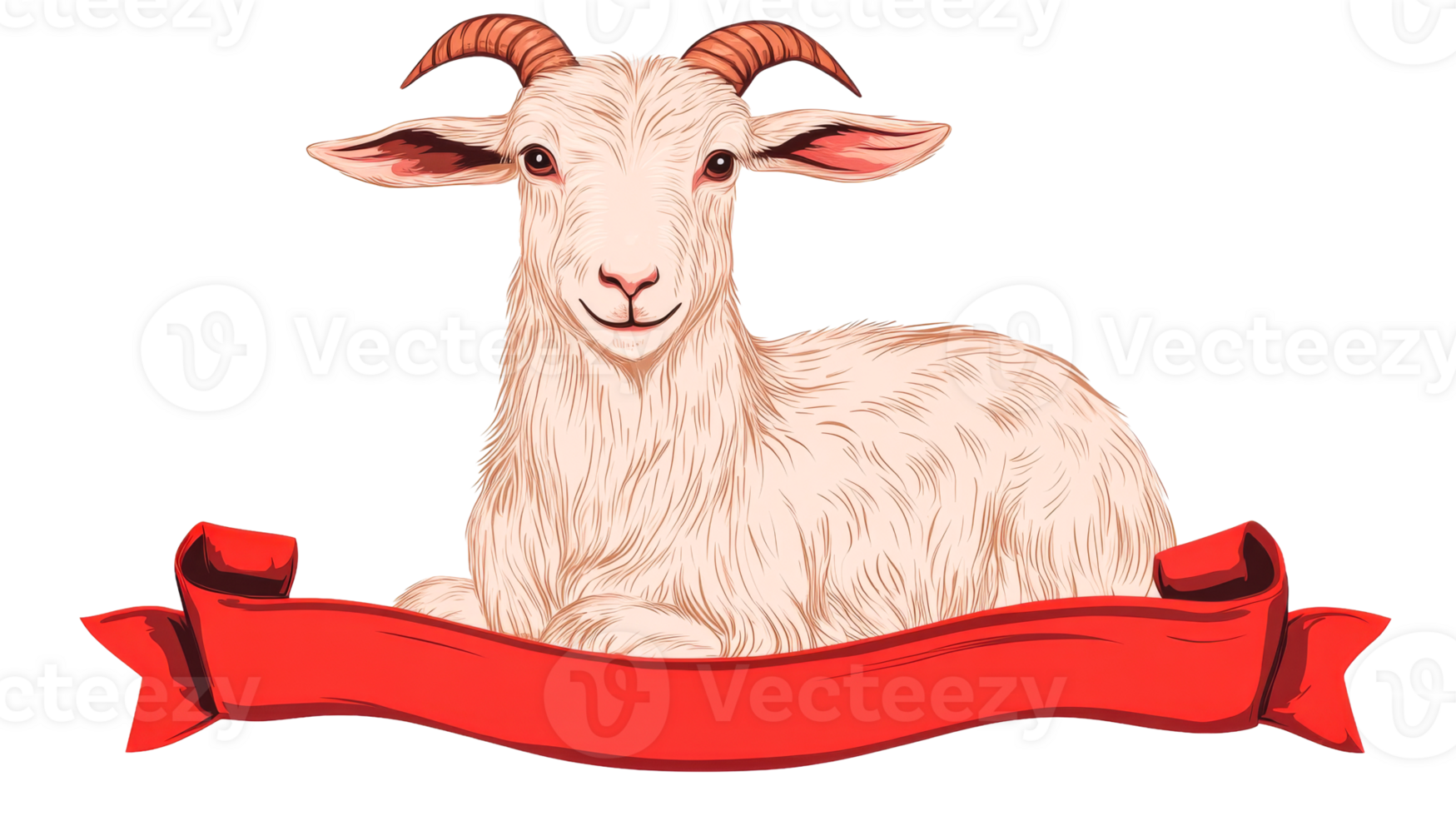 Resting farm goat with ribbon isolated on a black backdrop, cut out transparent png
