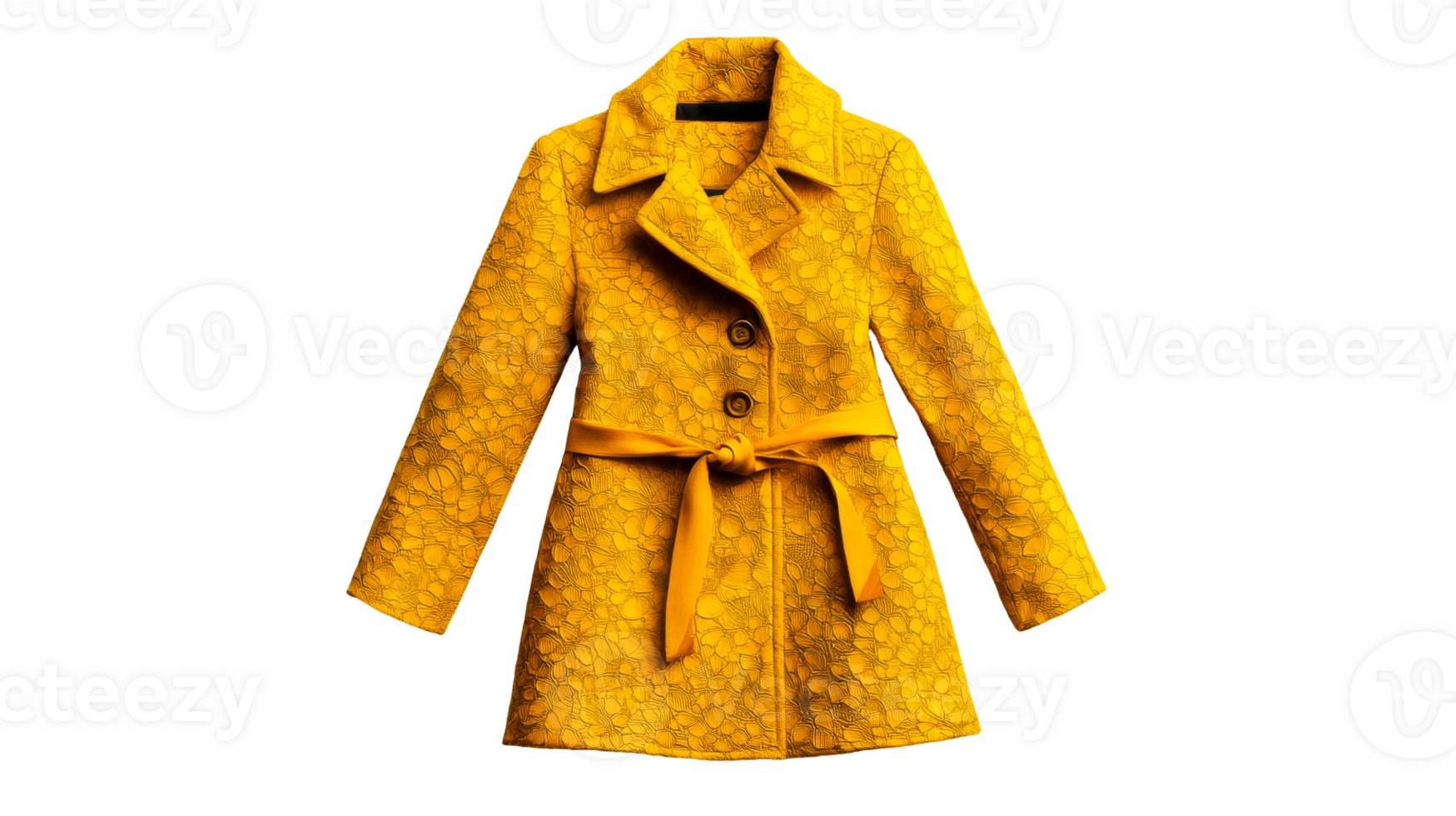 Elegant golden coat with belt and floral texture, cut out transparent png