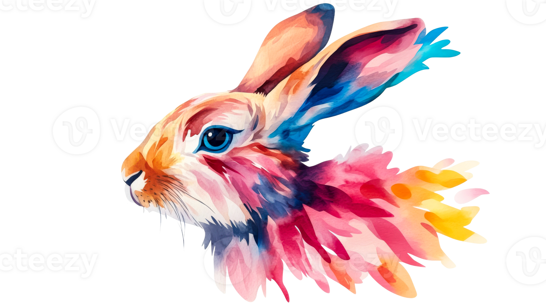Colorful Rabbit Head, Watercolor Art Isolated, cut out transparent png