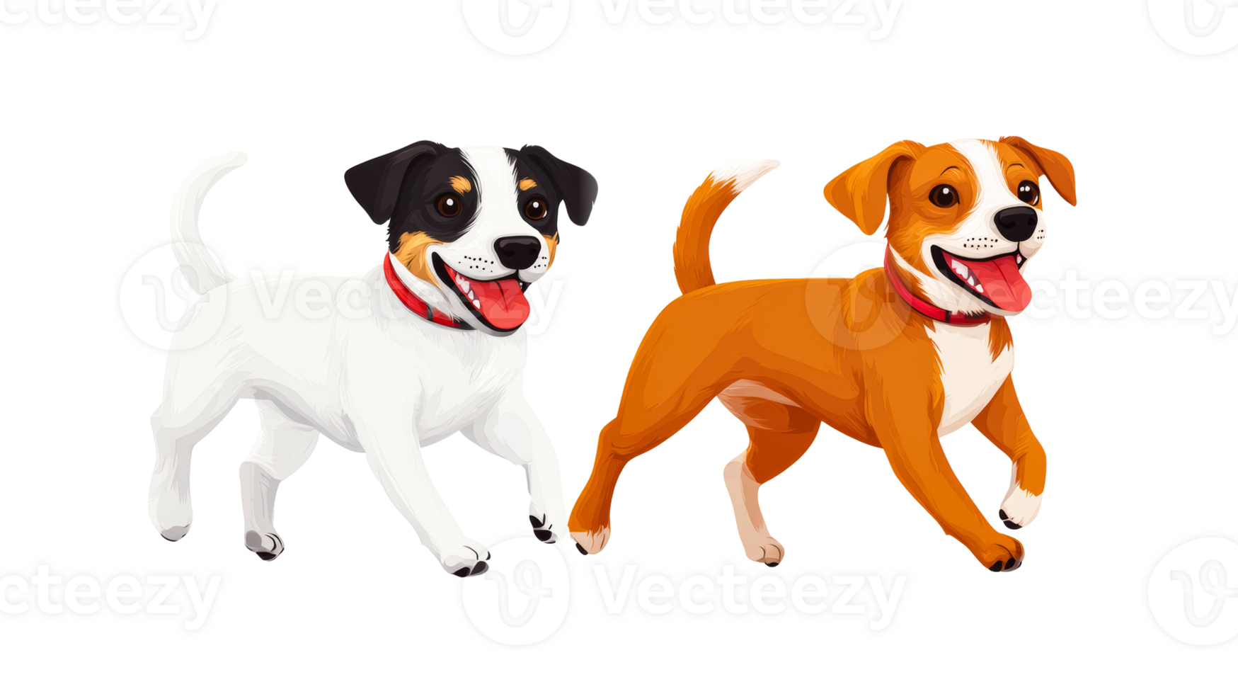 Two playful cartoon dogs with red collars, cut out transparent png