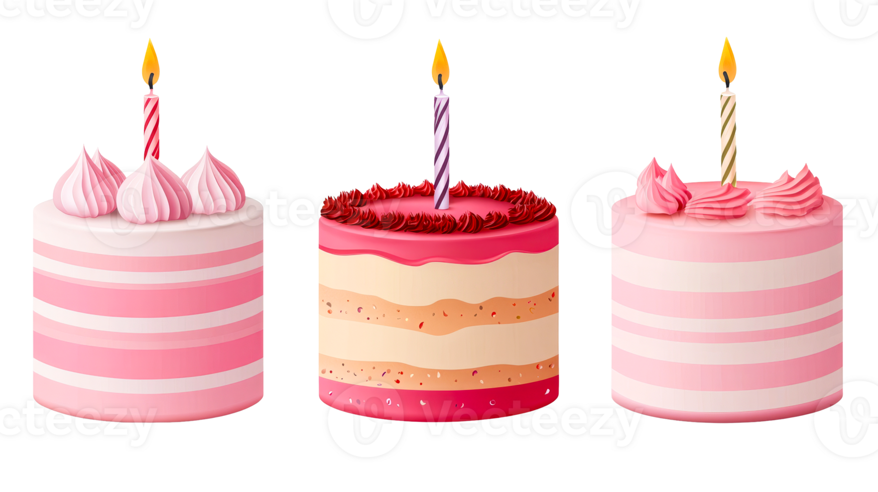 Three colorful birthday cakes with candles, cut out transparent png