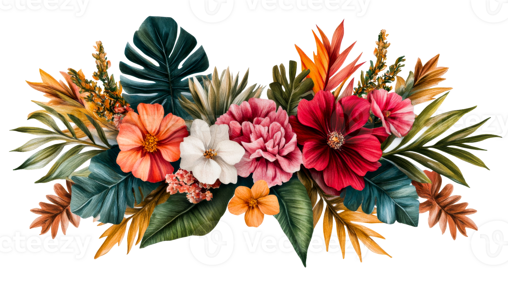 Tropical floral arrangement with exotic flowers, cut out transparent png