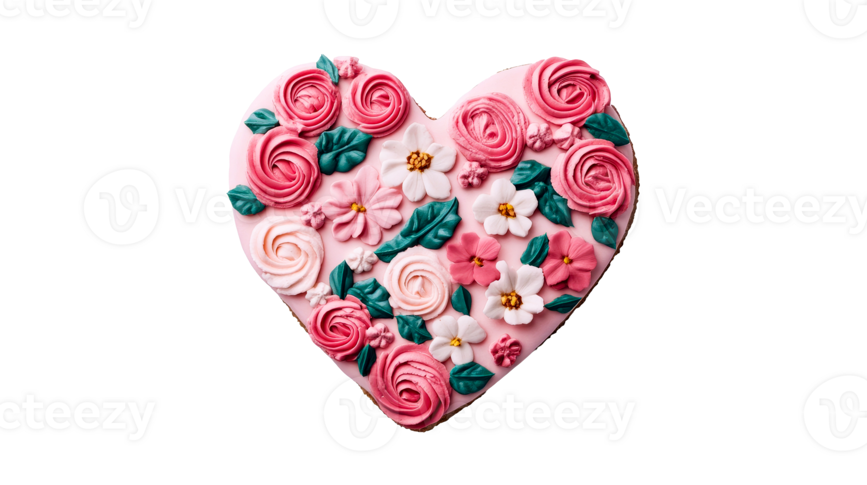 Heart shaped cookie decorated with flowers, cut out transparent png