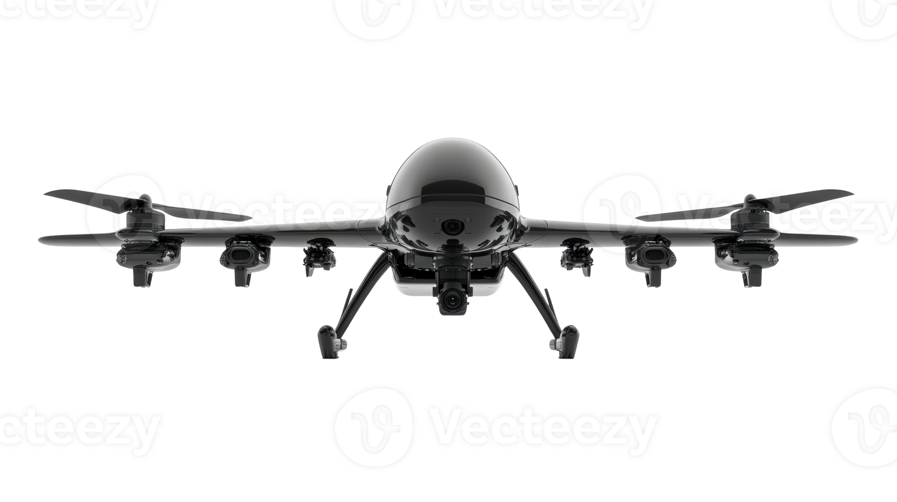 Dark surveillance drone with camera, on black background, cut out transparent png