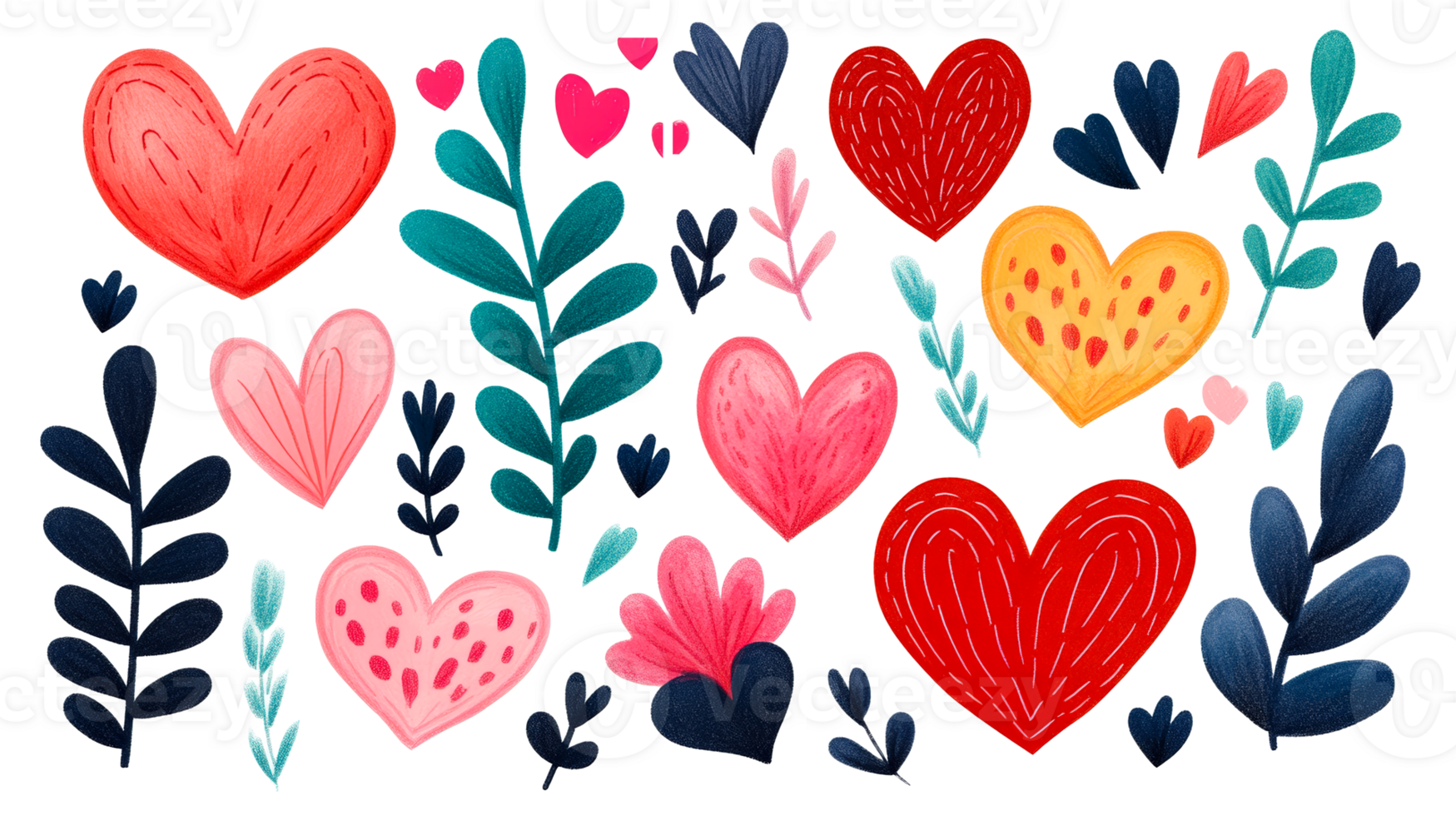 Hearts and leaves arranged on black background for design, cut out transparent png