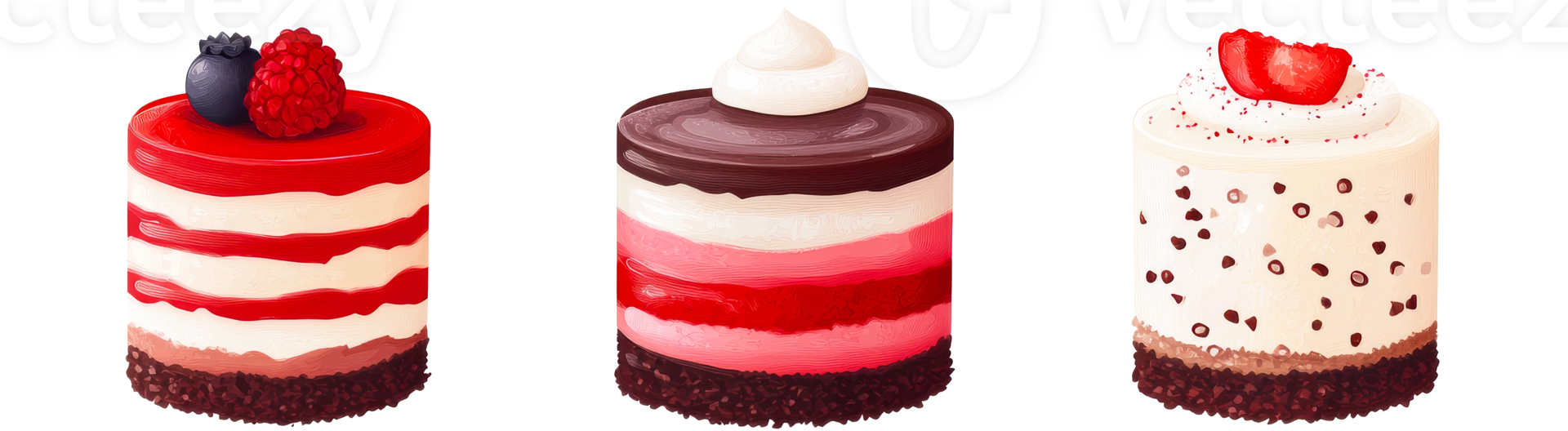Set of cakes, dessert, with berries and chocolate, cut out transparent png