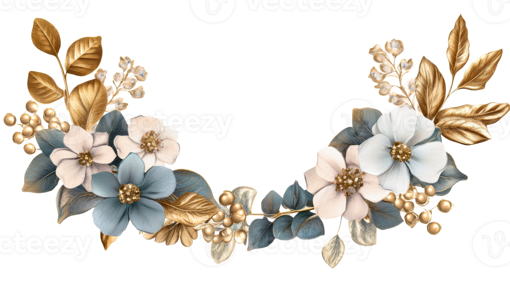 Floral semi wreath with golden leaves and blue flowers, cut out transparent png