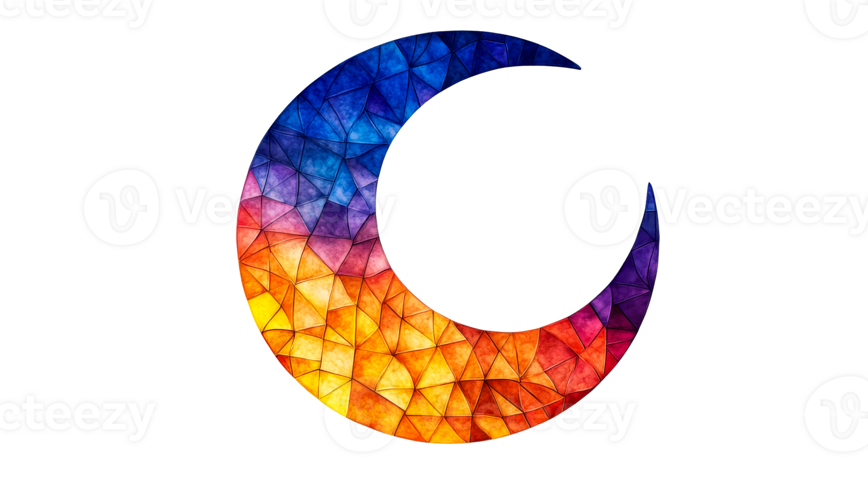Crescent moon mosaic design with colorful stained glass effect, cut out transparent png